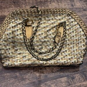L.J.S Collection Gold and Brown Shoulder Bag with Basket-Weave Design